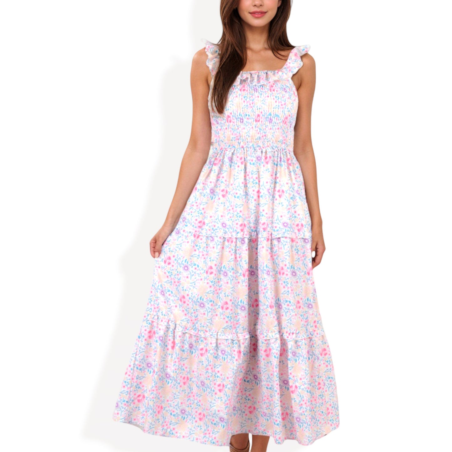 Vestido floral fruncido con tirantes 