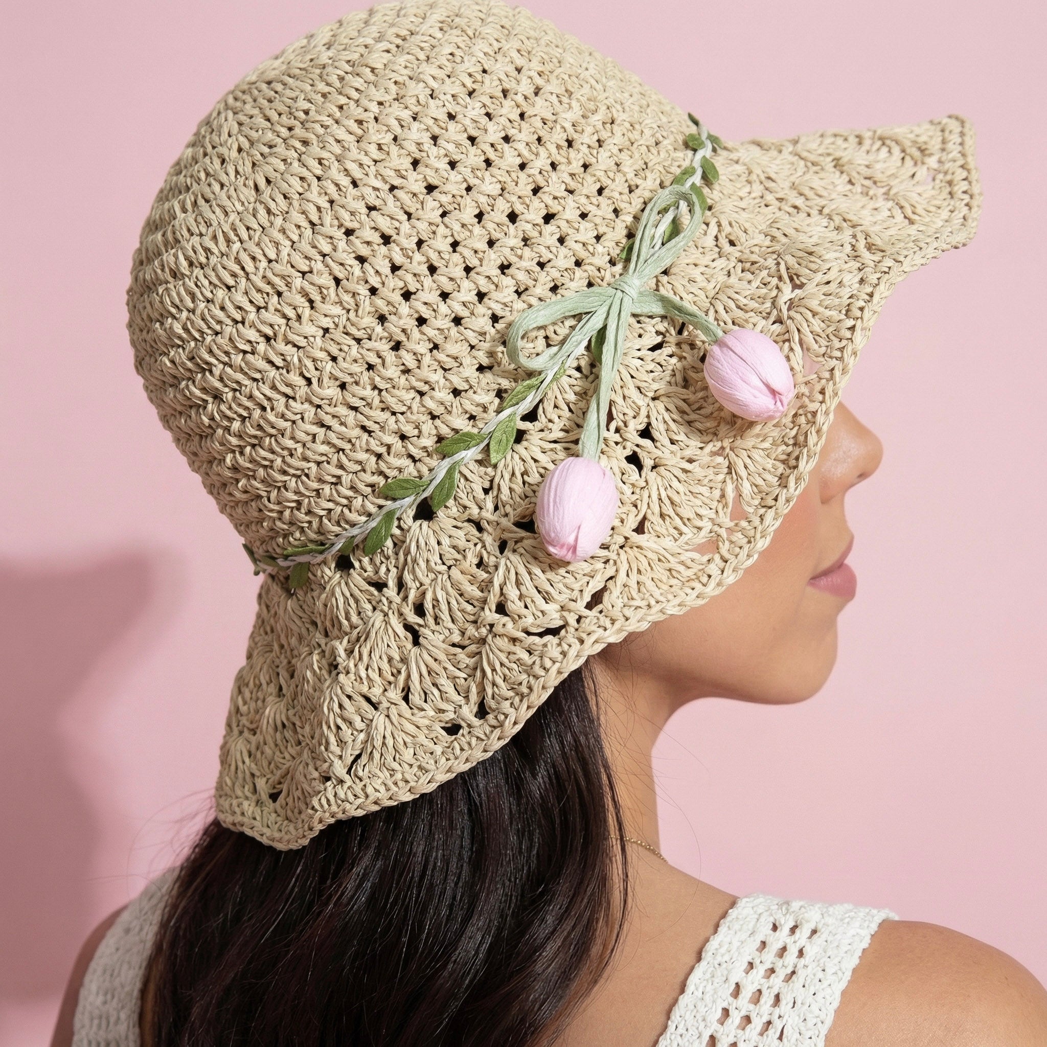 Anna-Kaci Women's Hand - Crocheted Straw Sun Hat with Floral Accents