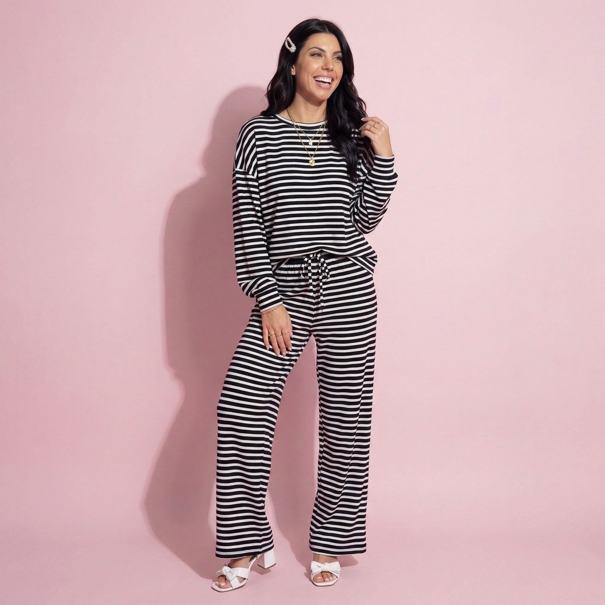 Anna-Kaci Women's 2-Piece Set Long Sleeve Striped Pajama Top and Relaxed Fit Lounge Pants with Soft Stretch Fabric