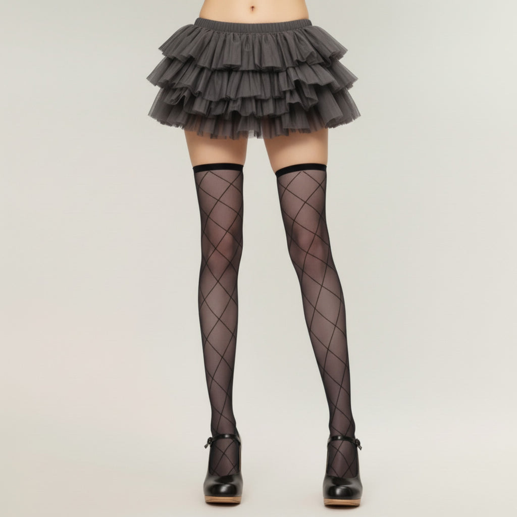 Anna-Kaci Women's Sheer Diamond Pattern Thigh High Stockings with Soft Stretch Fit