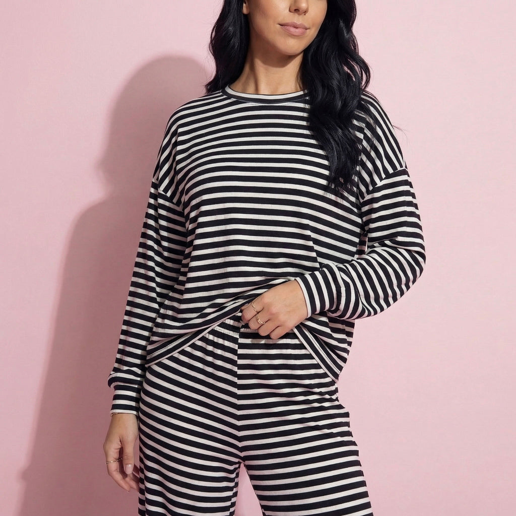 Anna-Kaci Women's 2-Piece Set Long Sleeve Striped Pajama Top and Relaxed Fit Lounge Pants with Soft Stretch Fabric