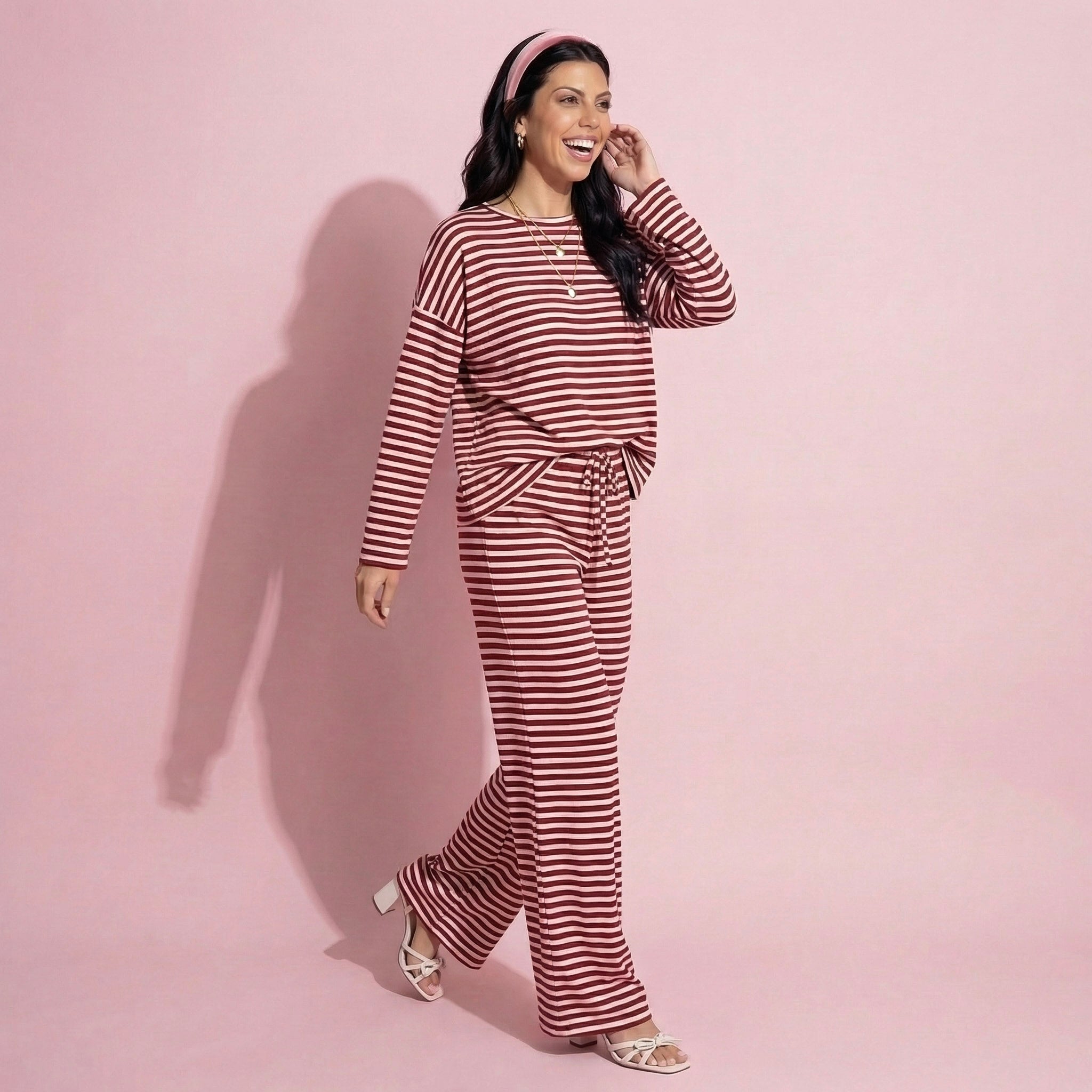 Anna-Kaci Women's 2-Piece Set Long Sleeve Striped Pajama Top and Relaxed Fit Lounge Pants with Soft Stretch Fabric