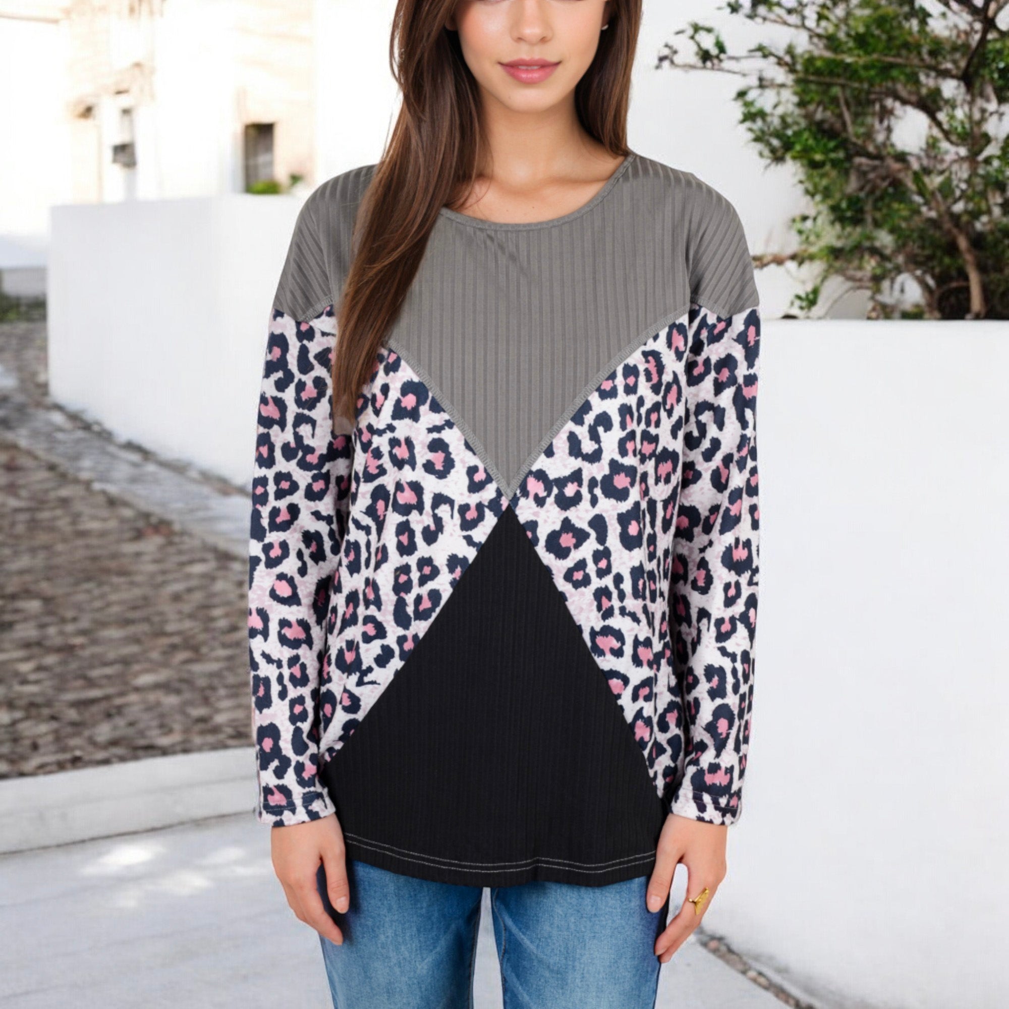 Anna-Kaci Women's Long Sleeve Ribbed Knit Top with Leopard Print Contrast and V-Cut Design