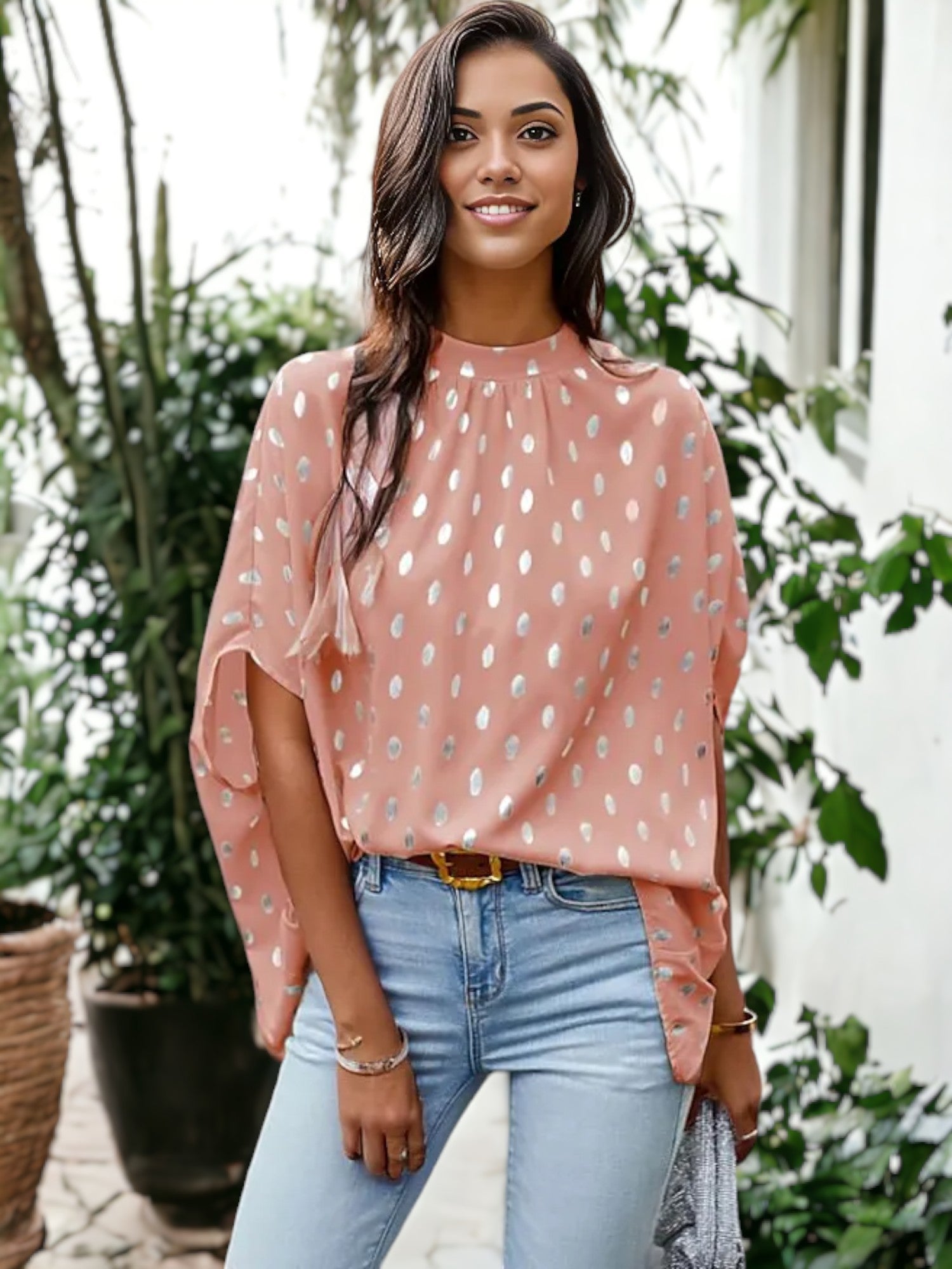 Spotted Print Dolman Sleeve Blouse