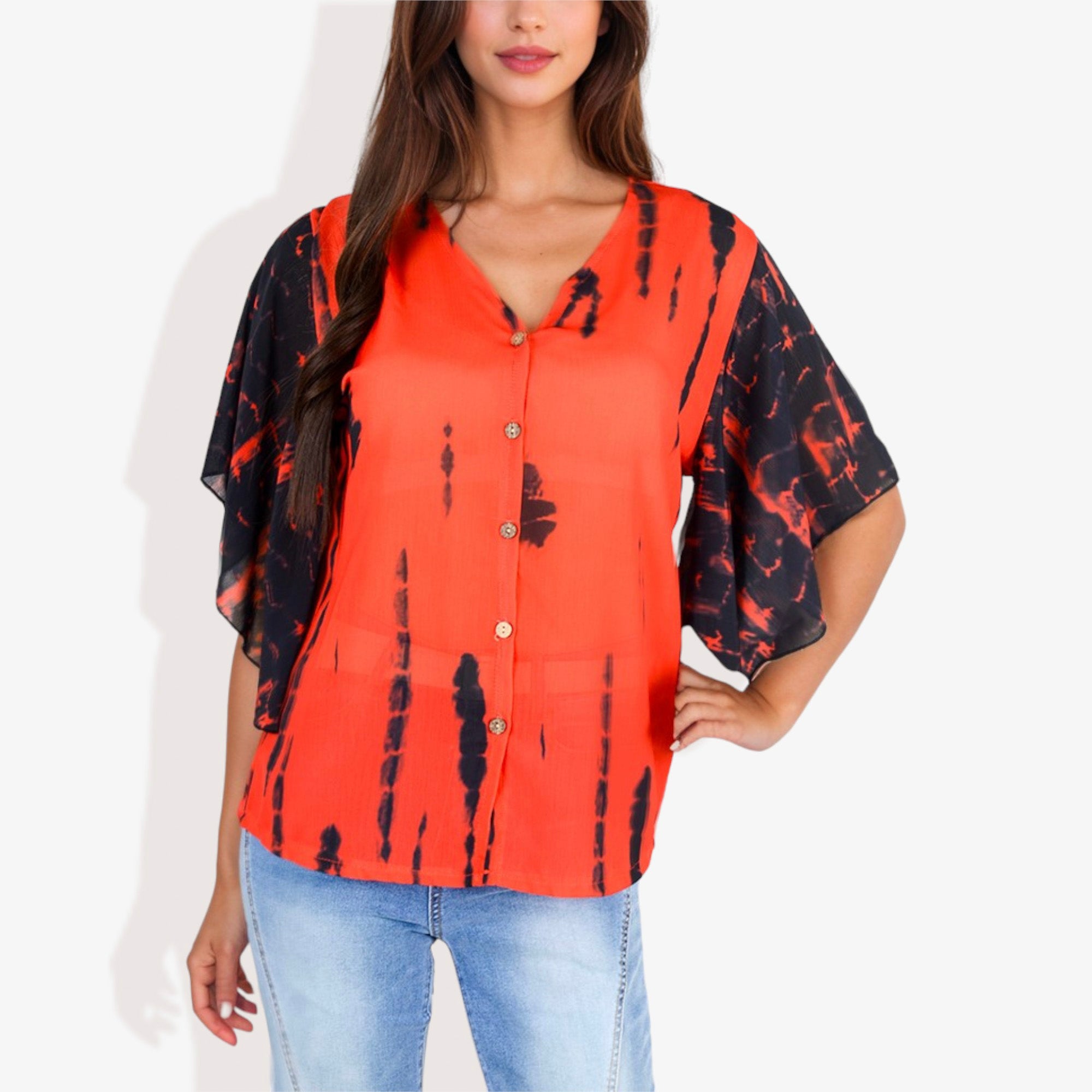 Blusa con mangas estilo kimono y efecto tie-dye con botones en la parte delantera para mujer de Anna-Kaci