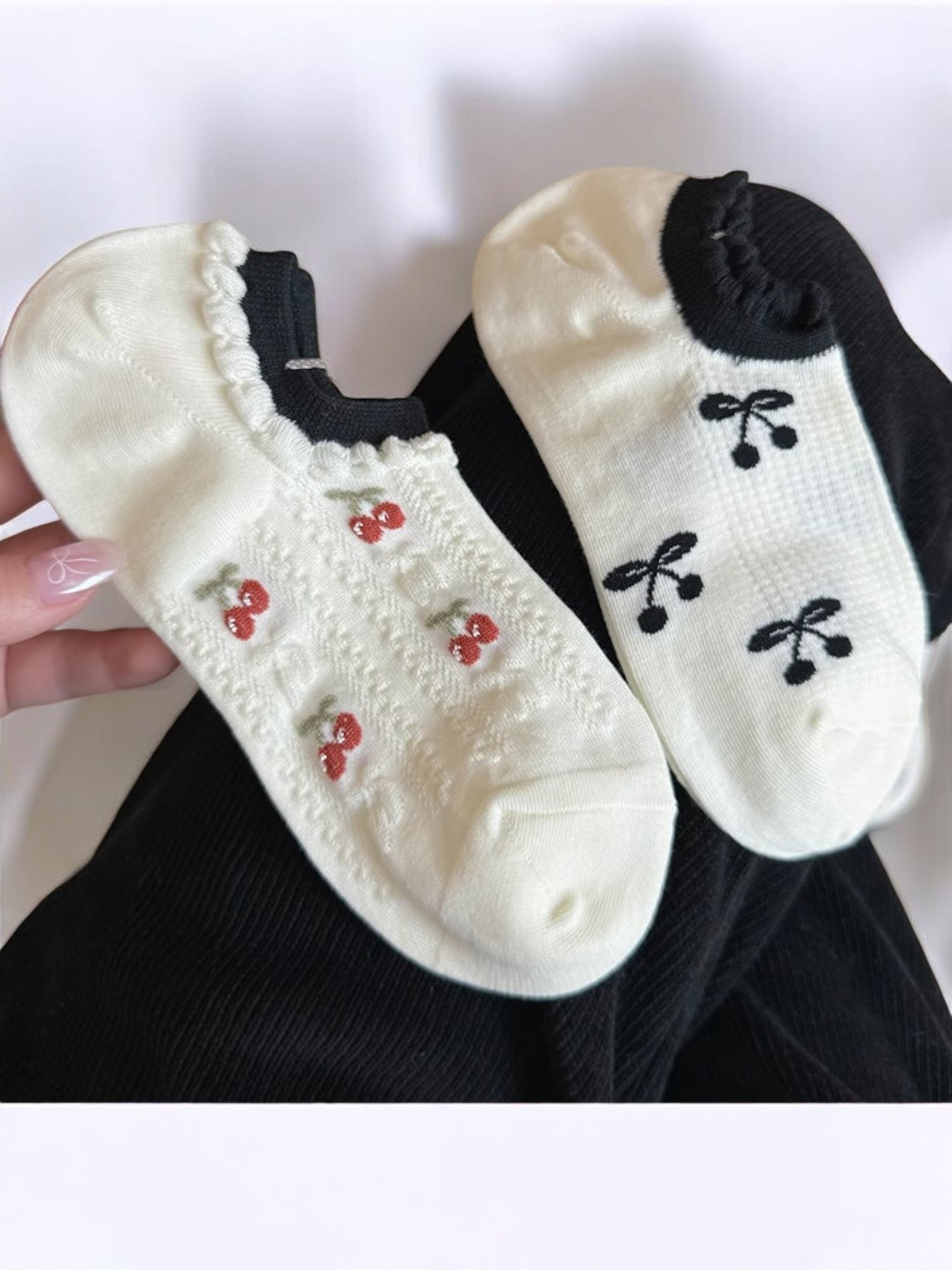 Anna-Kaci Women's Low-Cut Ankle Socks with Cherry Embroidery and Striped Design