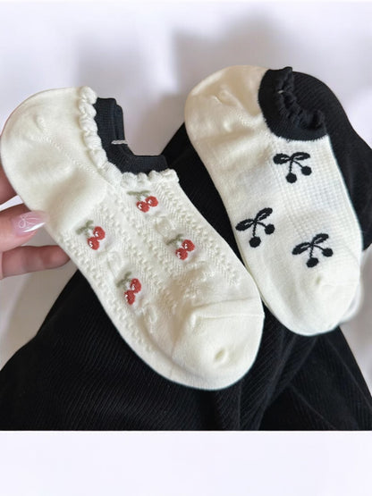 Anna-Kaci Women's Low-Cut Ankle Socks with Cherry Embroidery and Striped Design