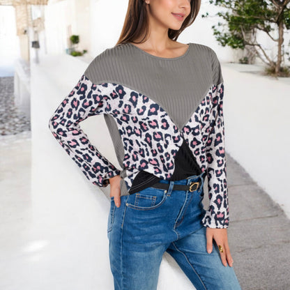 Anna-Kaci Women's Long Sleeve Ribbed Knit Top with Leopard Print Contrast and V-Cut Design
