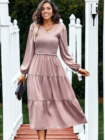 Shirred V Neck Tiered Dress