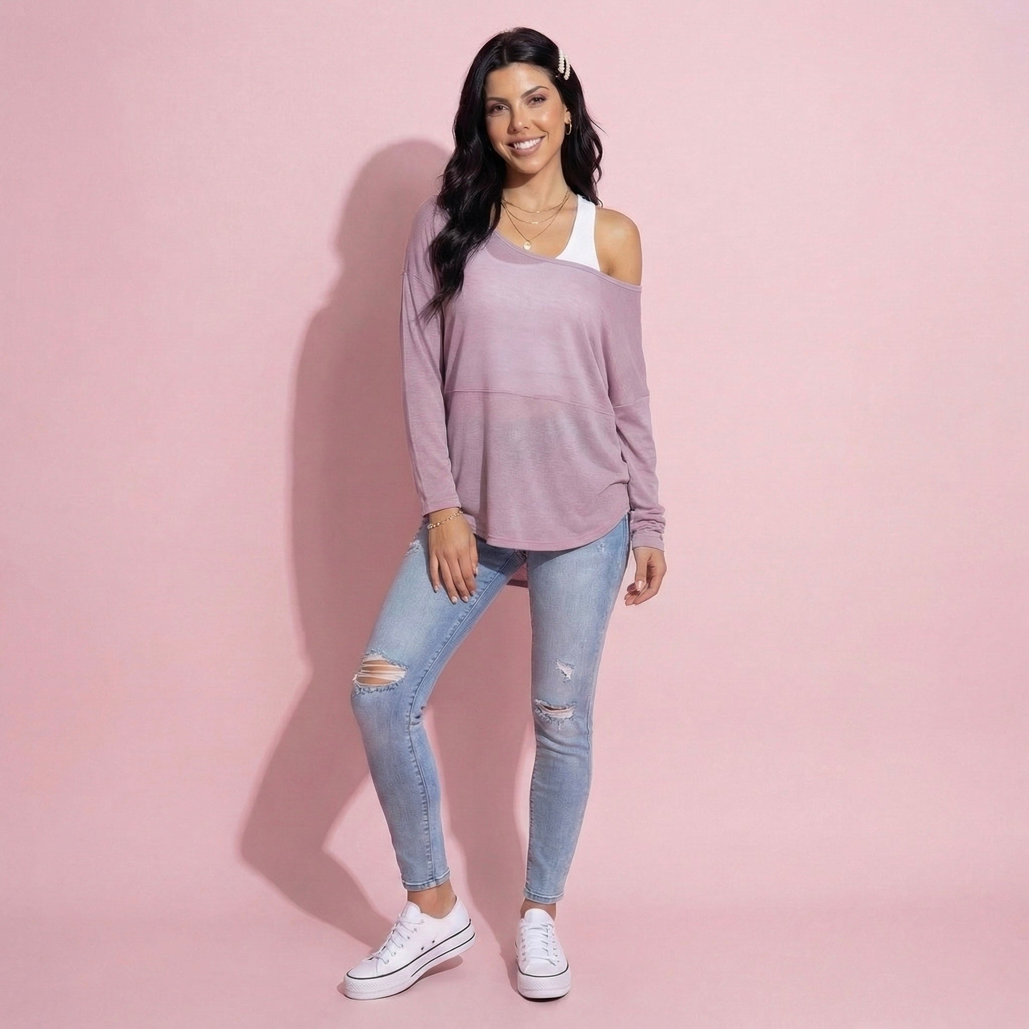 Anna-Kaci Active 2-Piece Women's Long Sleeve Sheer Pullover Top Set with Off Shoulder Neckline and Relaxed Fit