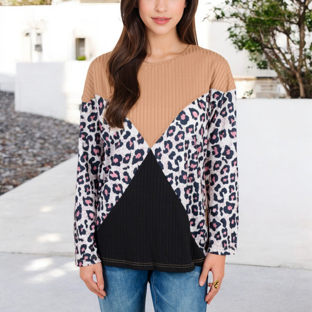 Anna-Kaci Women's Long Sleeve Ribbed Knit Top with Leopard Print Contrast and V-Cut Design