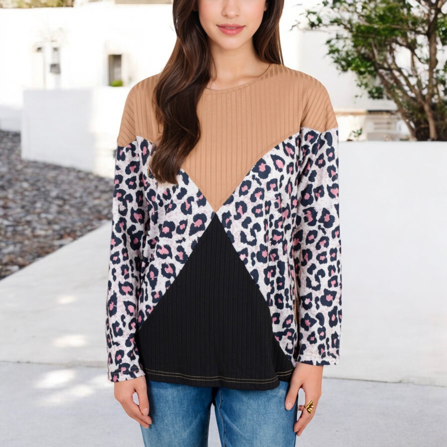 Anna-Kaci Women's Long Sleeve Ribbed Knit Top with Leopard Print Contrast and V-Cut Design