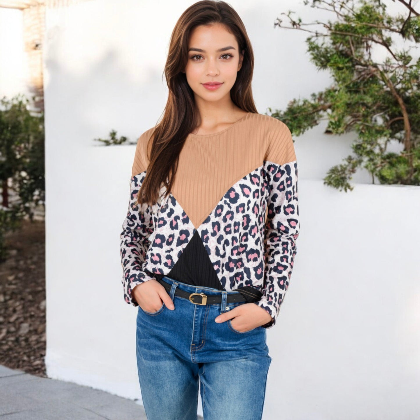 Anna-Kaci Women's Long Sleeve Ribbed Knit Top with Leopard Print Contrast and V-Cut Design