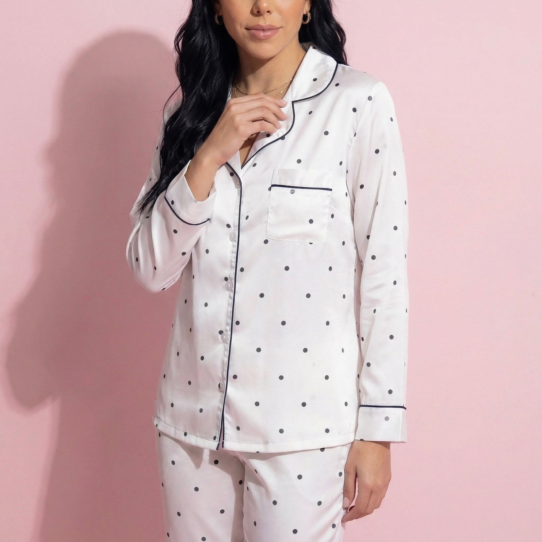 Anna-Kaci Lounge Women's 2-Piece Set Polka Dot Satin Button Front Pajama Top with Ruffle Trim and Matching Relaxed Fit Lounge Pants