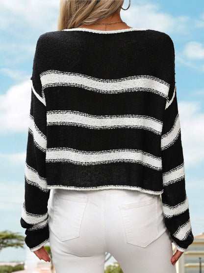 Anna-Kaci Women's Striped Long Sleeve Knit Sweater with Crew Neck