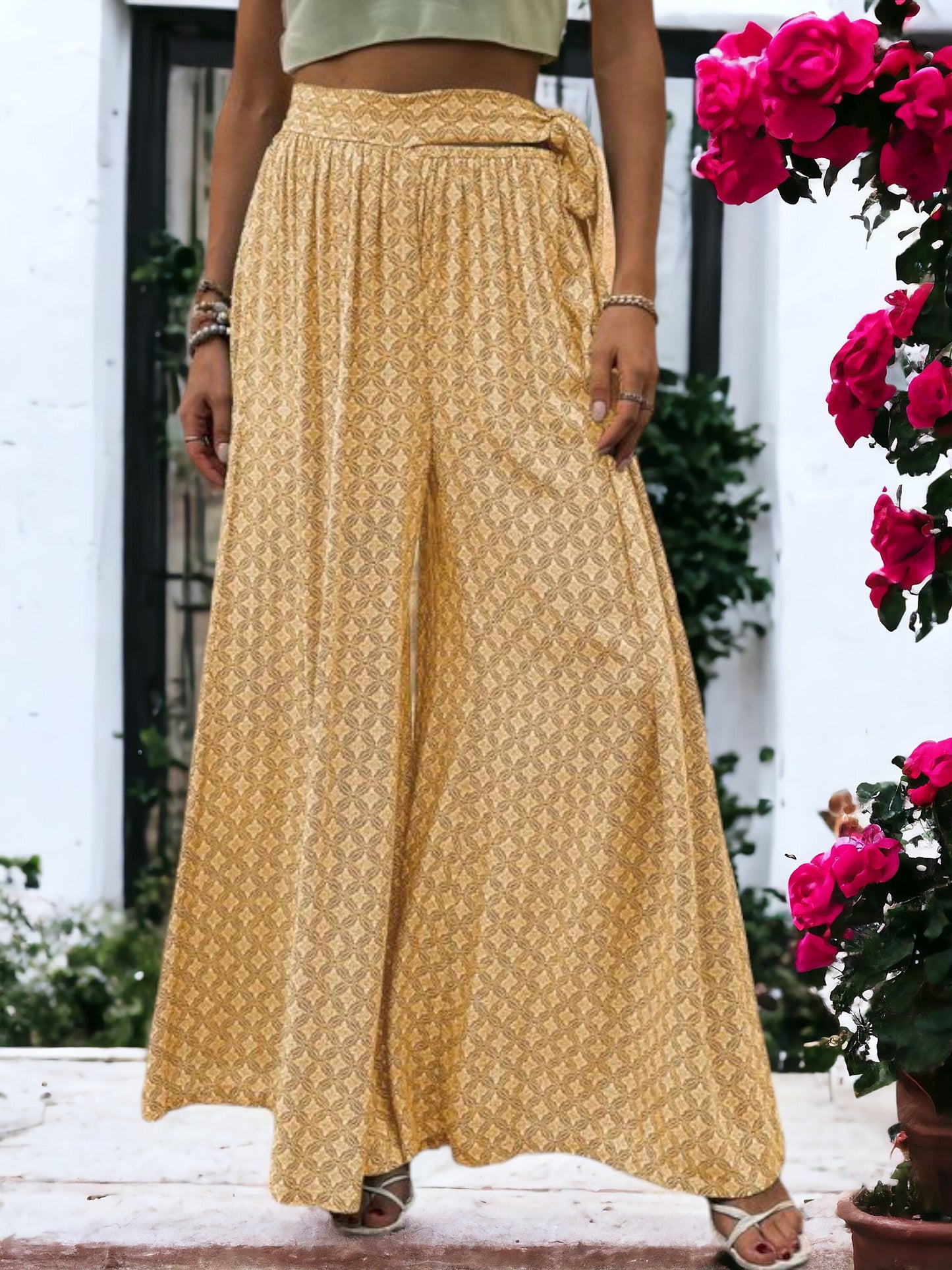 Printed Wide Legged  Waist Tied Pants