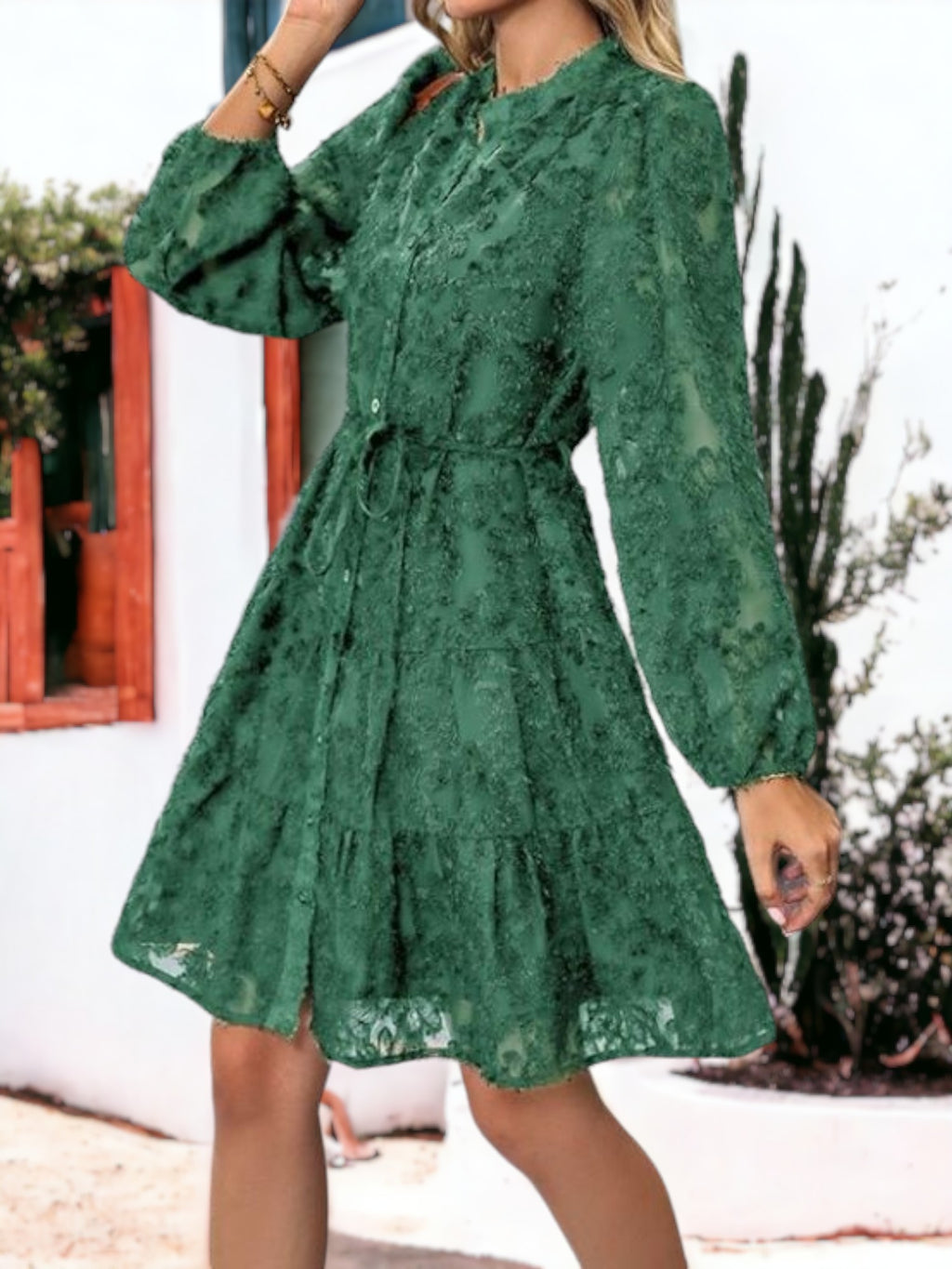 Texture Lace Detailed Long Sleeved Tie Waist Ruffle Mini Dress