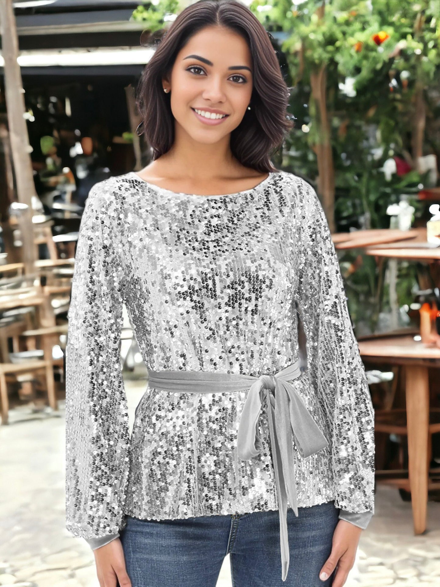 Suéter tipo sudadera con lazo en la cintura y lentejuelas para fiesta 
