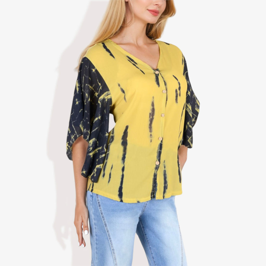 Blusa con mangas estilo kimono y efecto tie-dye con botones en la parte delantera para mujer de Anna-Kaci