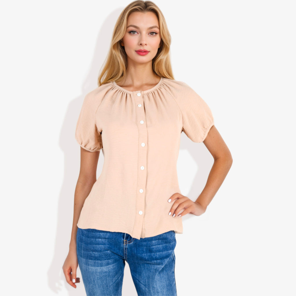 Blusa informal de cuello en V y manga corta con botones para mujer