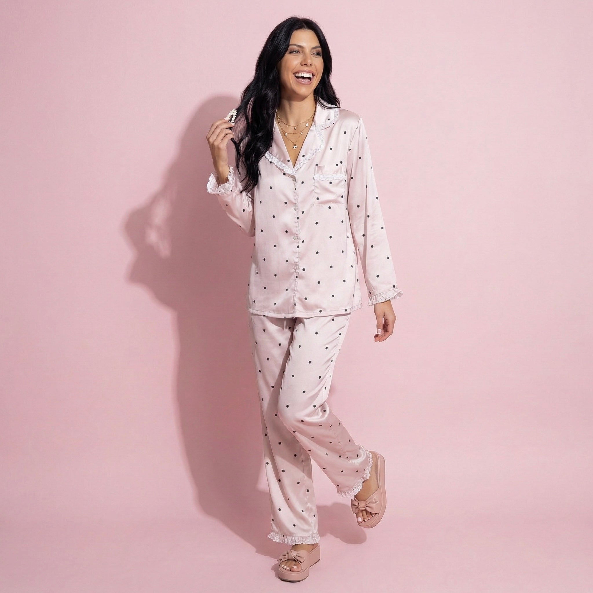 Anna-Kaci Lounge Women's 2-Piece Set Polka Dot Satin Button Front Pajama Top with Ruffle Trim and Matching Relaxed Fit Lounge Pants