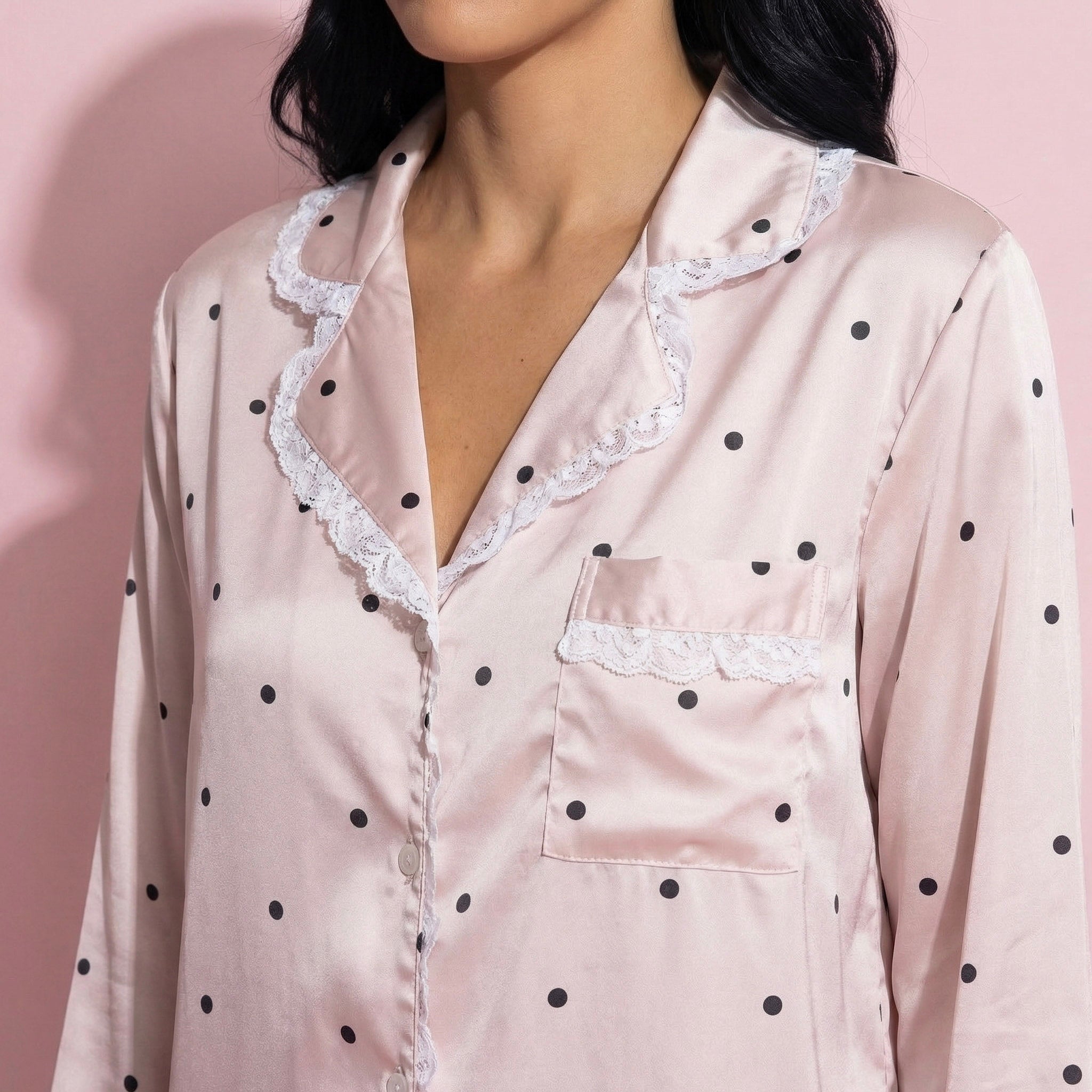 Anna-Kaci Lounge Women's 2-Piece Set Polka Dot Satin Button Front Pajama Top with Ruffle Trim and Matching Relaxed Fit Lounge Pants