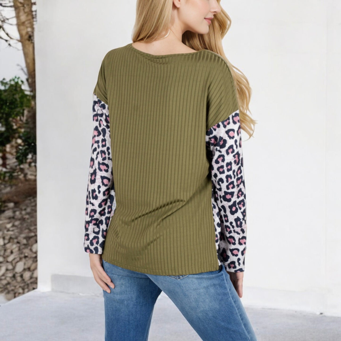 Anna-Kaci Women's Long Sleeve Ribbed Knit Top with Leopard Print Contrast and V-Cut Design