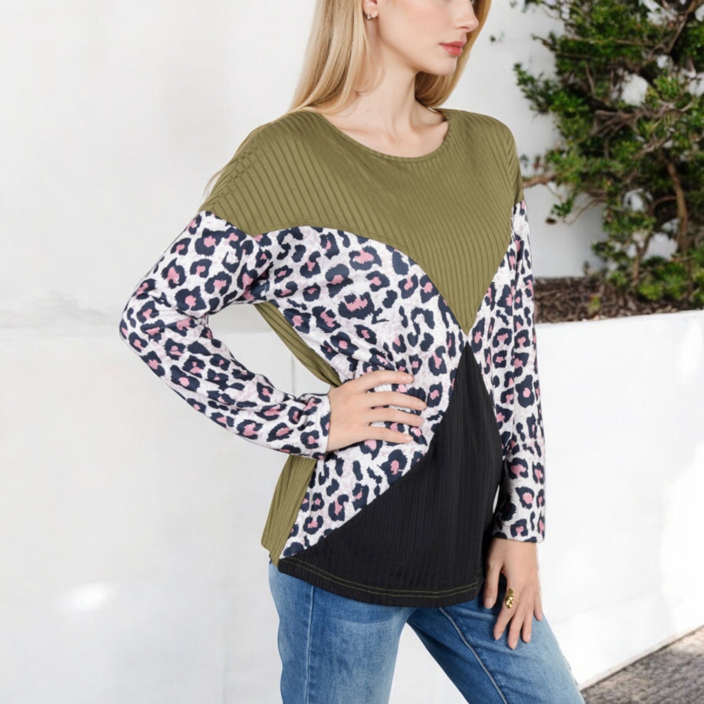 Anna-Kaci Women's Long Sleeve Ribbed Knit Top with Leopard Print Contrast and V-Cut Design