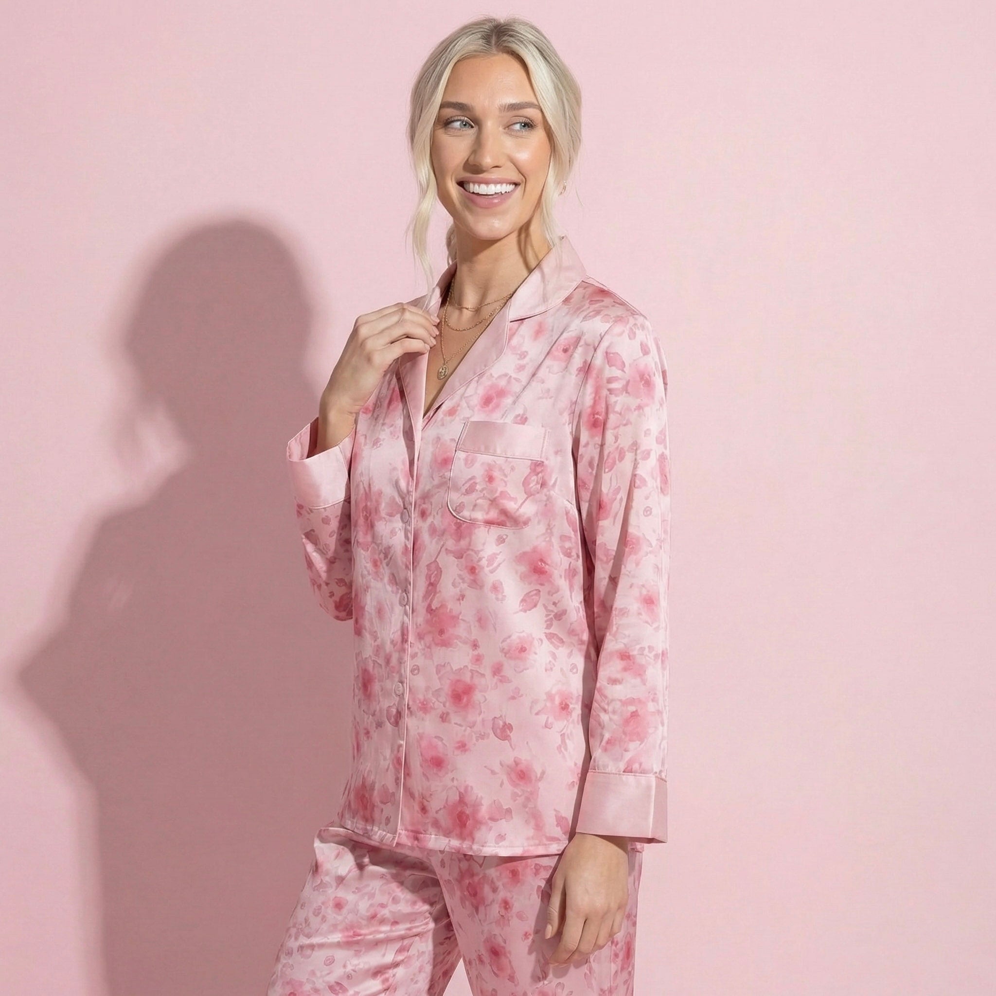 Anna-Kaci Lounge Women's 2-Piece Set Floral Satin Button Front Pajama Top with Contrast Cuffs and Matching Relaxed Fit Lounge Pants