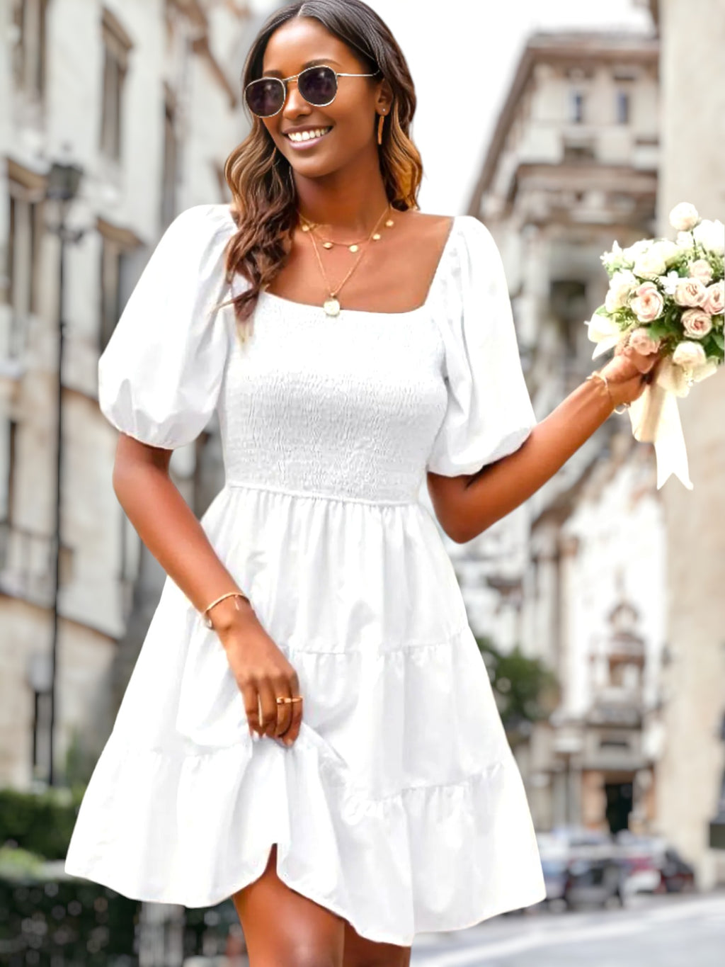 Square Neck Shirred Puff Sleeve Dress