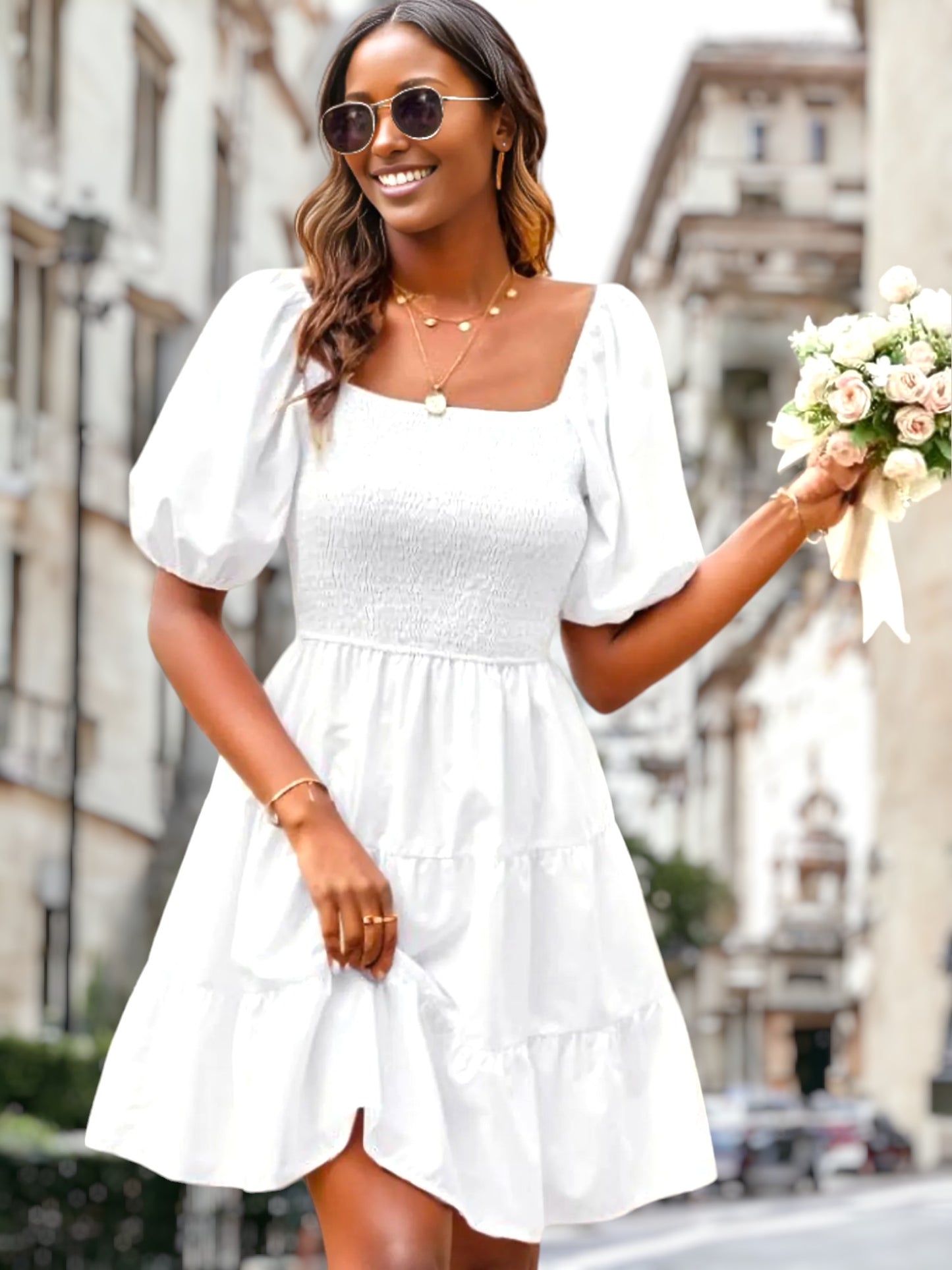 Square Neck Shirred Puff Sleeve Dress