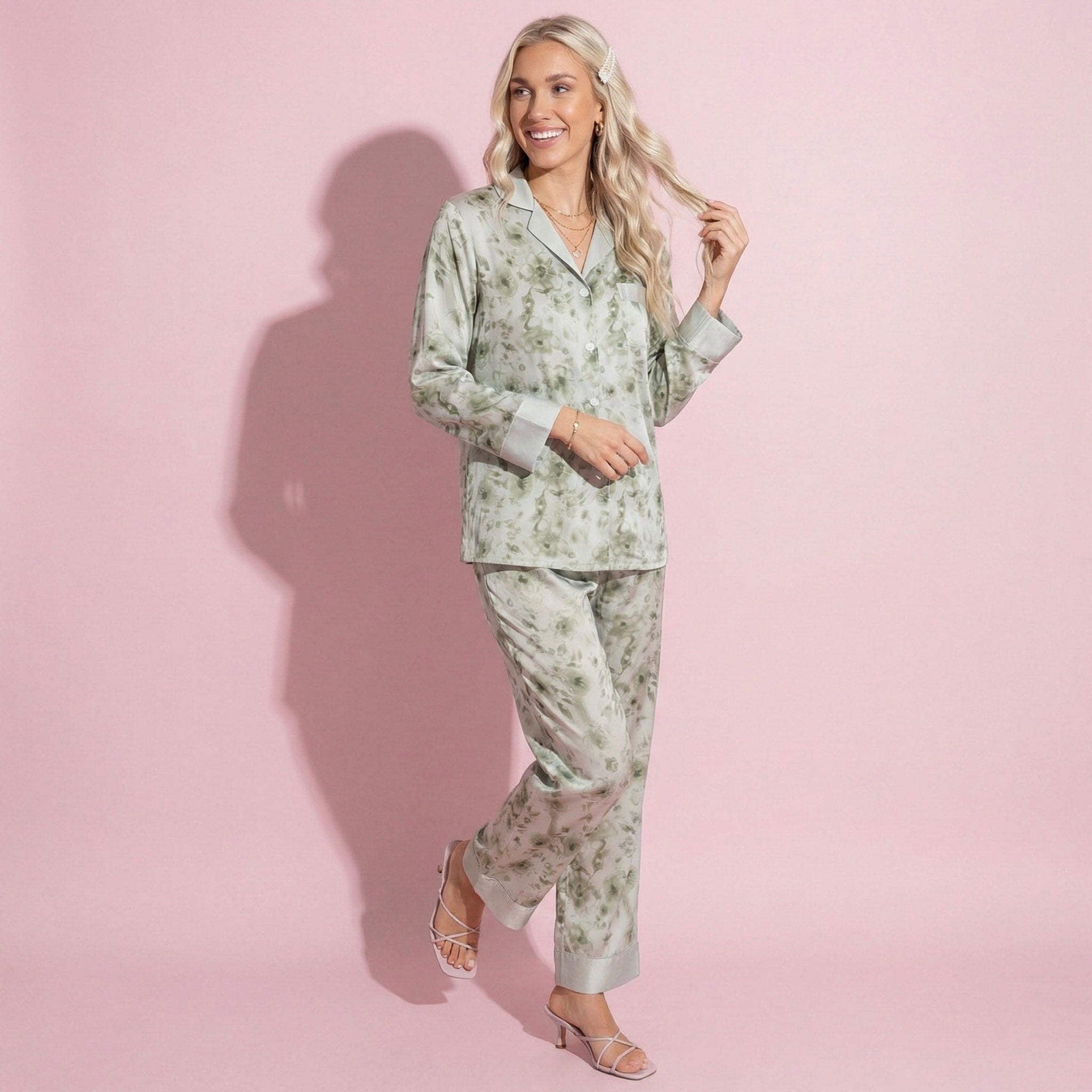 Anna-Kaci Lounge Women's 2-Piece Set Floral Satin Button Front Pajama Top with Contrast Cuffs and Matching Relaxed Fit Lounge Pants