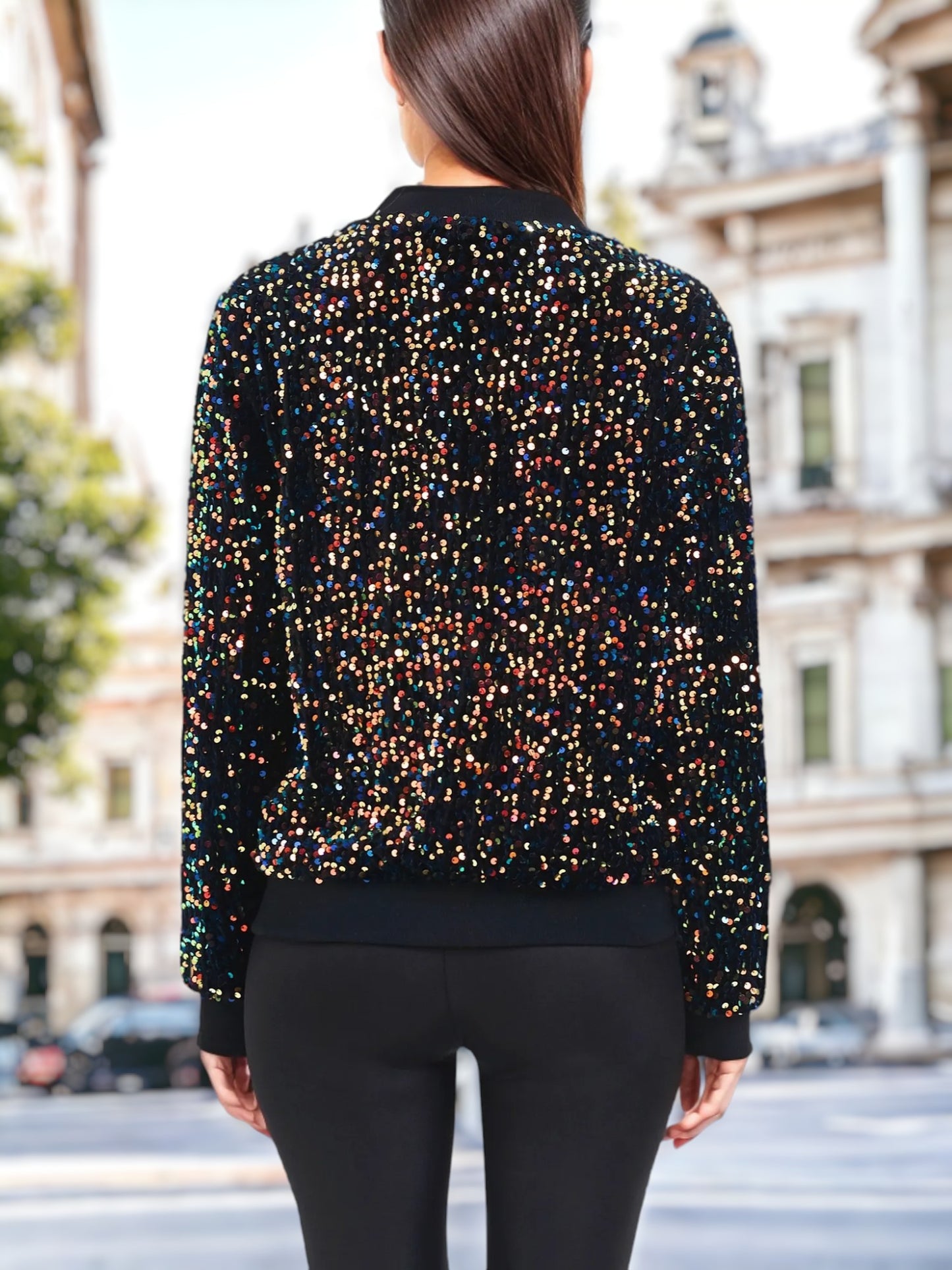Chaqueta bomber con cremallera y base de terciopelo con lentejuelas