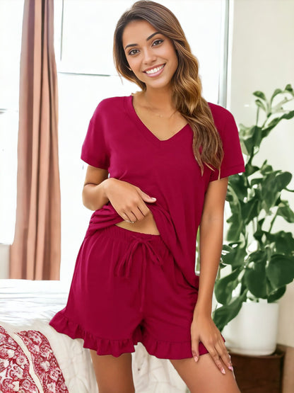Women's V-Neck Loose Shirt and Ruffle Sleeved Pajama Sleepwear Set