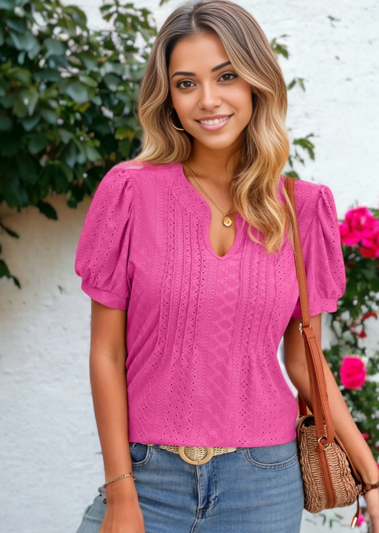 Puffed Sleeve Eyelet Embrodiered Pleated V-Neck Tee