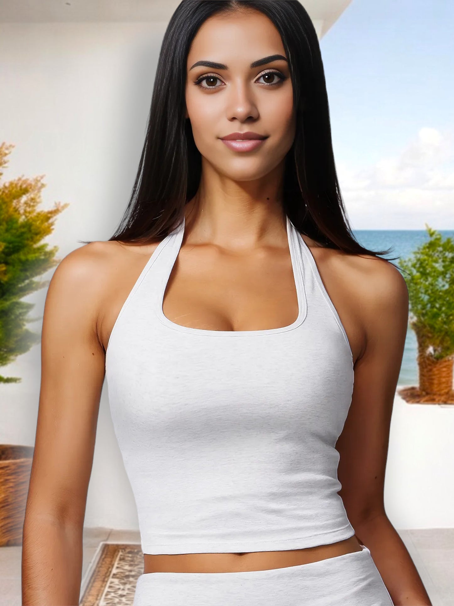 Top corto con cuello halter para mujer, diseño de espalda cruzada y corte elástico