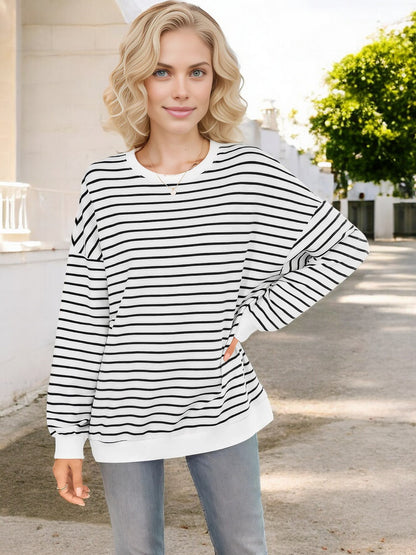 Anna-Kaci Women's Striped Long Sleeve Crew Neck Top with Drop Shoulder Design