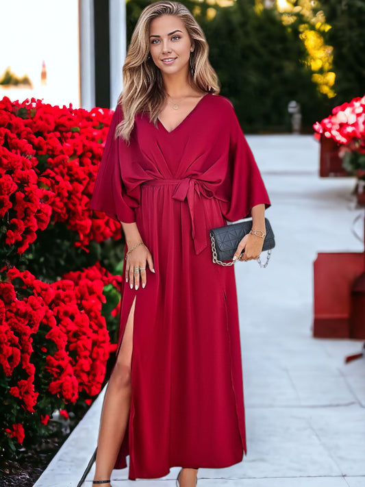 Women's Elegant V-Neck High Waisted Tie Loose Long Split Maxi Dress