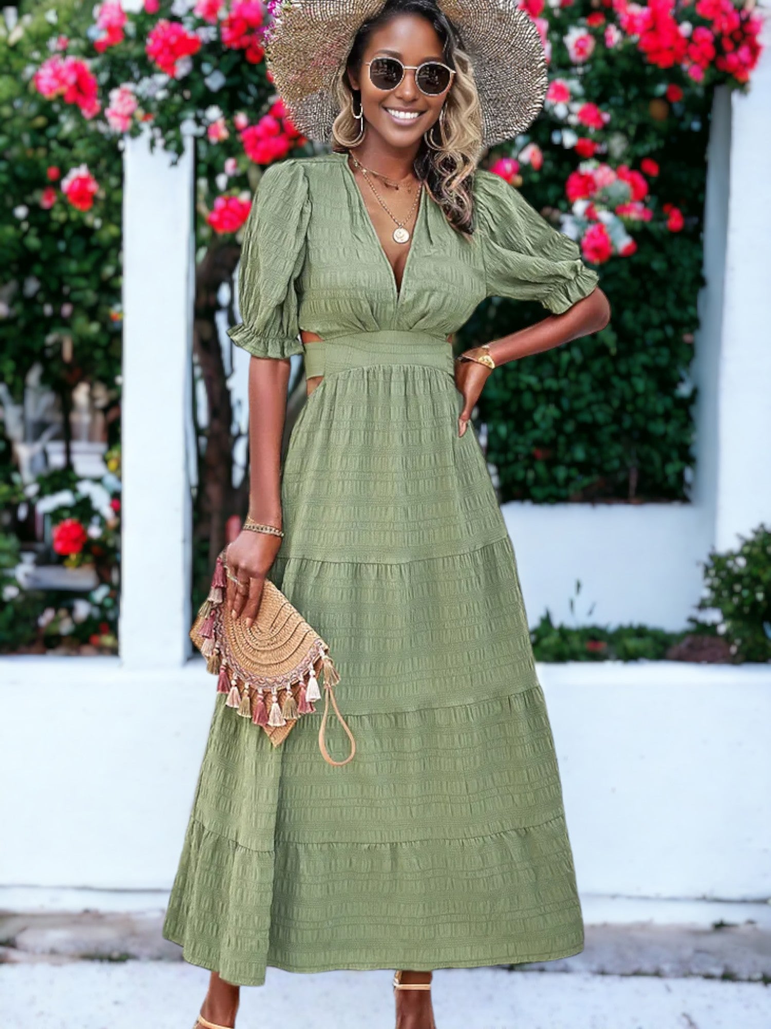 Solid Color V-Neck Textured Puffed Sleeve Maxi Dress