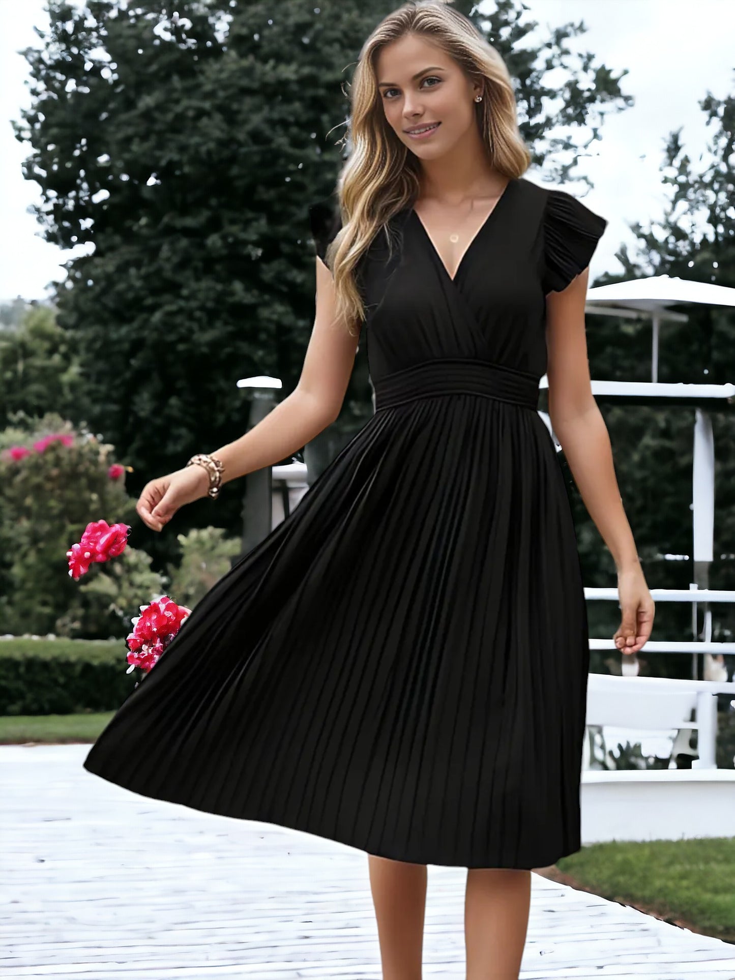 V-Neck And Smock Waisted Pleated Midi Dress With Ruffle Sleeve