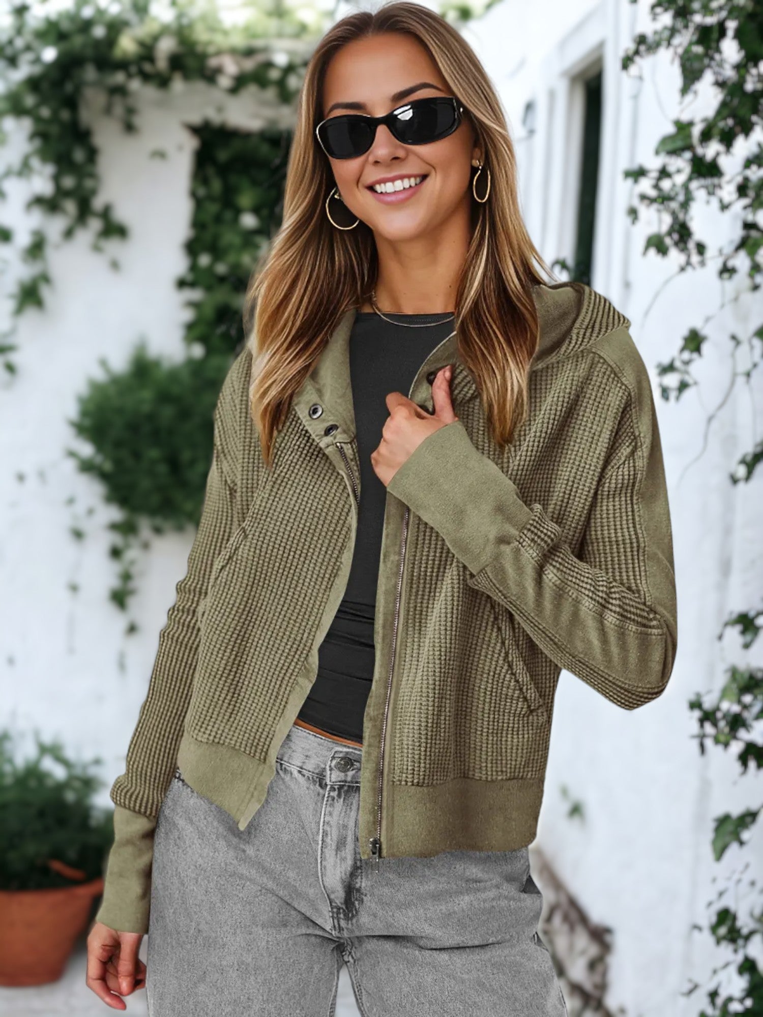 Waffle Knit Button Neck Jacket