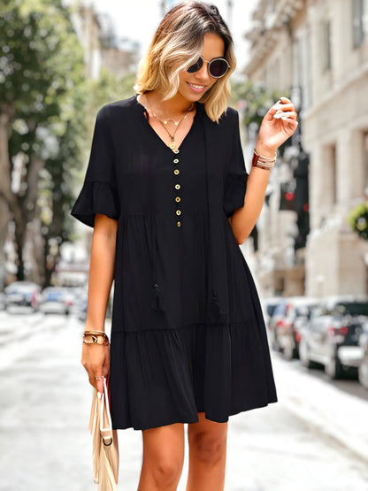 V Neck Button Front Shift Dress