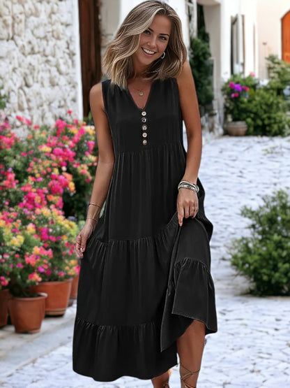 Vestido midi bohemio con volantes, cuello en V y botones detallados para mujer
