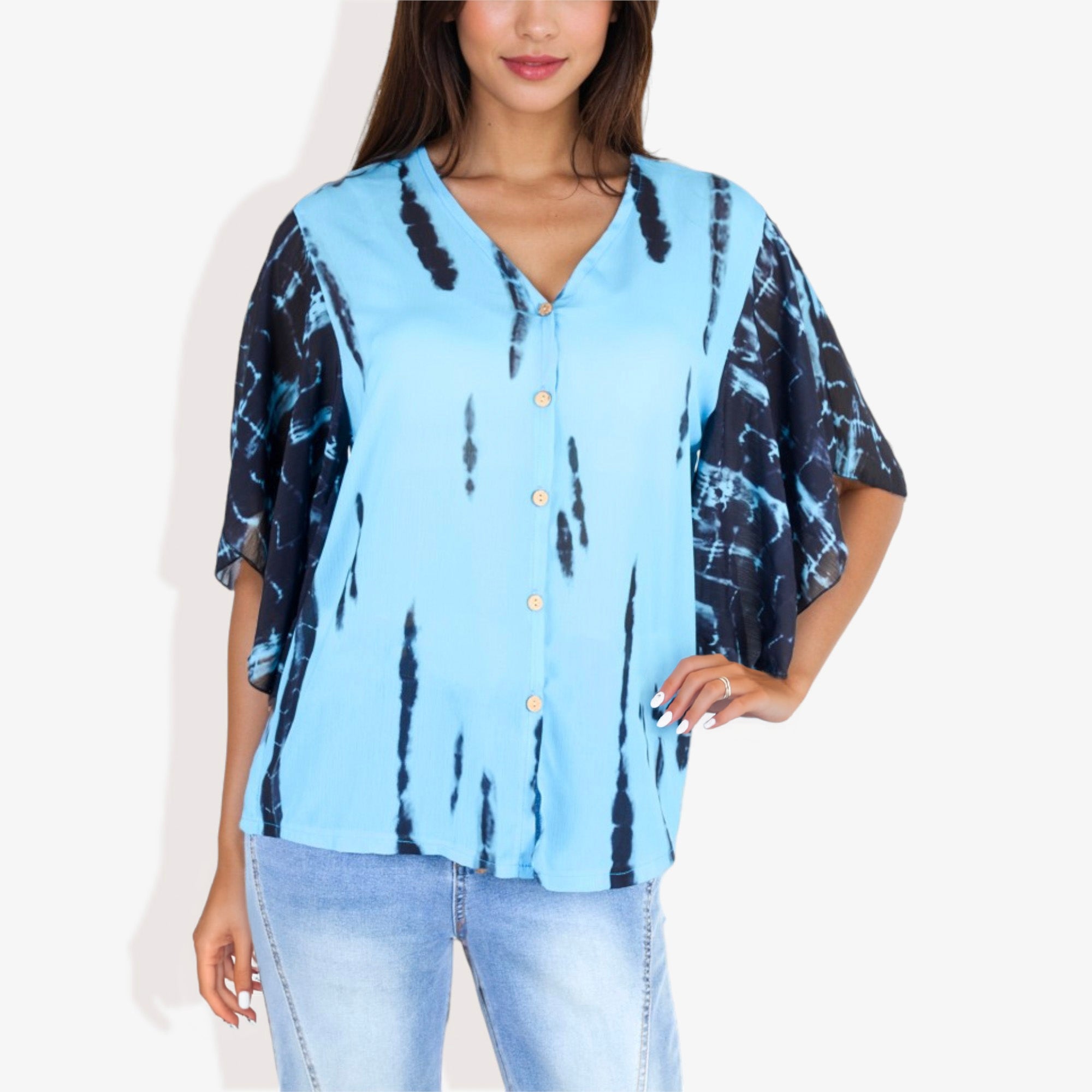 Blusa con mangas estilo kimono y efecto tie-dye con botones en la parte delantera para mujer de Anna-Kaci