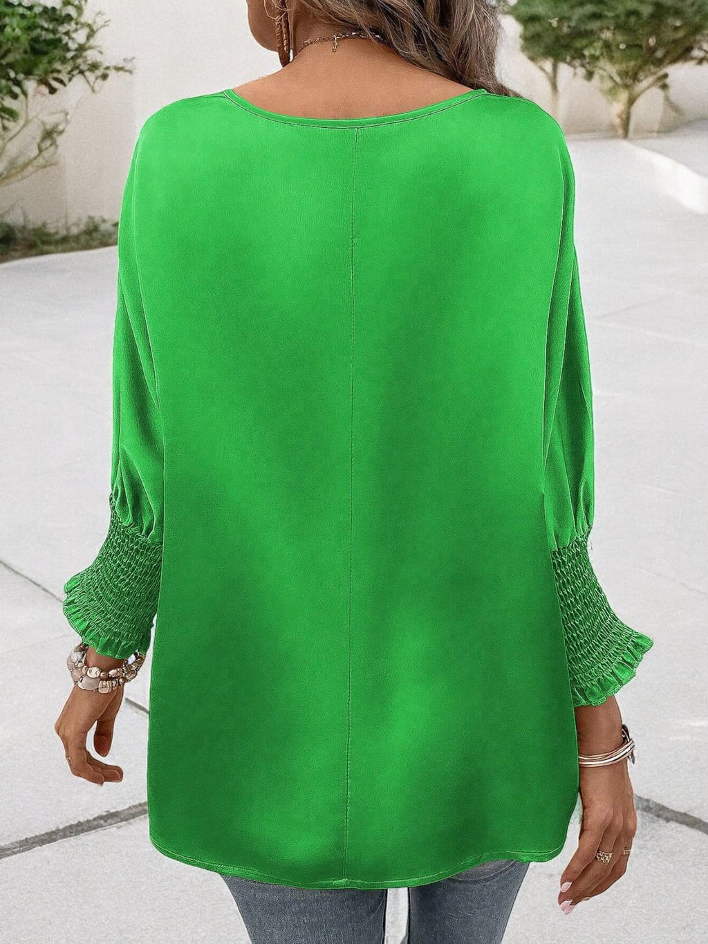 Anna-Kaci Women's Satin Blouse with Smocked Cuffs and Round Neck