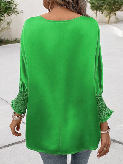 Anna-Kaci Women's Satin Blouse with Smocked Cuffs and Round Neck