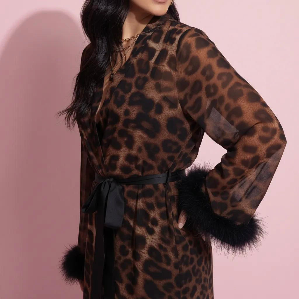 Anna-Kaci Lounge Women's Leopard Print Mesh Robe Dress with Feather Sleeves and Satin Tie Waist in Longline Silhouette