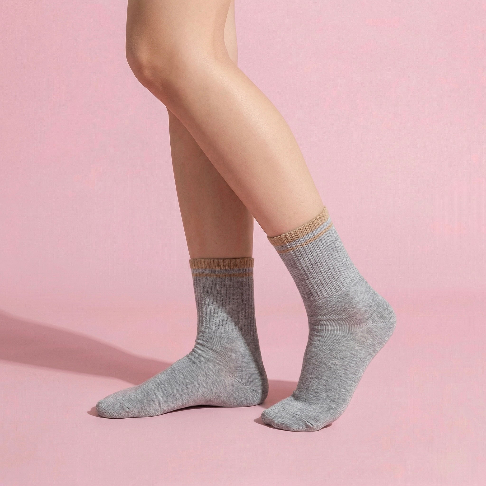 Anna-Kaci Women's 4-Pack Ribbed Crew Socks with Double Stripe Cuff Soft Stretch Fit in Neutral Tones