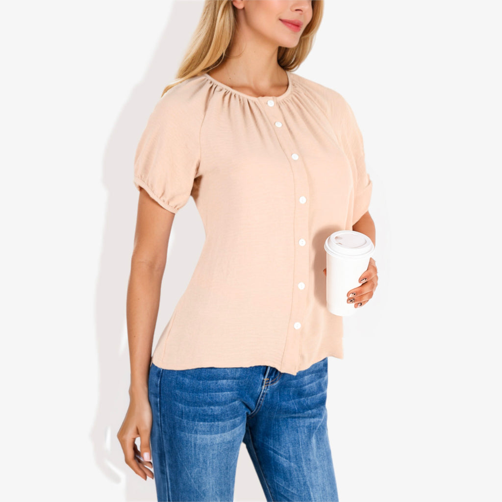 Blusa informal de cuello en V y manga corta con botones para mujer