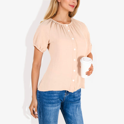 Women's Short Sleeve Button-Down V-Neck Casual Blouse